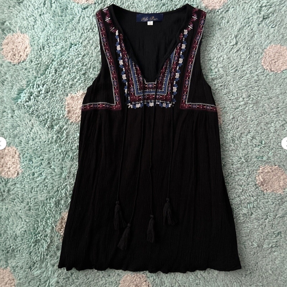 Blue Rain Women Dress XS Black Tank Sun Party Embroidery Boho Mini Franchesca’s